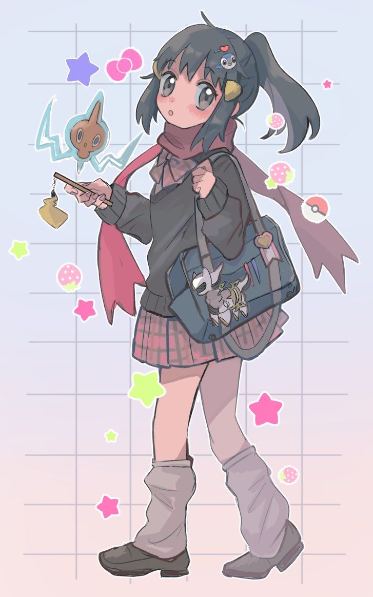 1girl :o alternate_costume anzu_(01010611) arceus bag bangs blush brown_footwear eyebrows_visible_through_hair from_side full_body grey_background grey_eyes hair_ornament hairclip hikari_(pokemon) holding holding_phone leg_warmers long_sleeves looking_at_viewer phone piplup pokemon pokemon_(creature) pokemon_(game) pokemon_dppt ponytail rotom rotom_(normal) scarf shoes sidelocks skirt sweater symbol-only_commentary