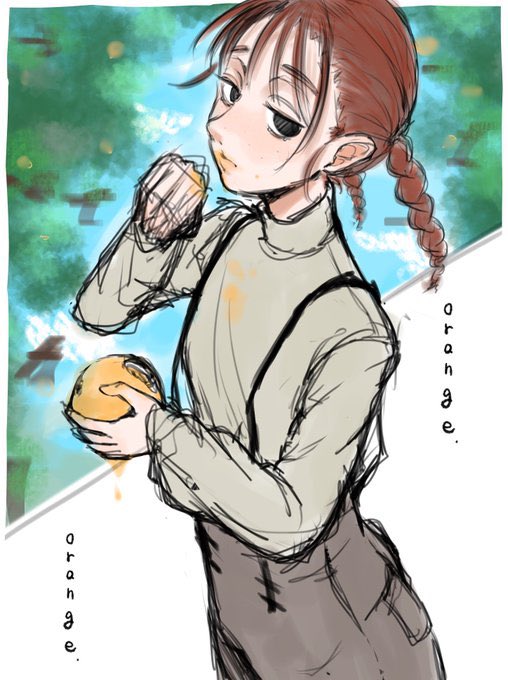 1girl black_eyes blue_sky brown_hair closed_mouth clouds dripping english_text food fruit half-closed_eyes holding holding_food holding_fruit maido_mido medium_hair orange_(fruit) original outdoors overalls sketch sky sleeves_past_wrists solo tree turtleneck twintails wiping_face