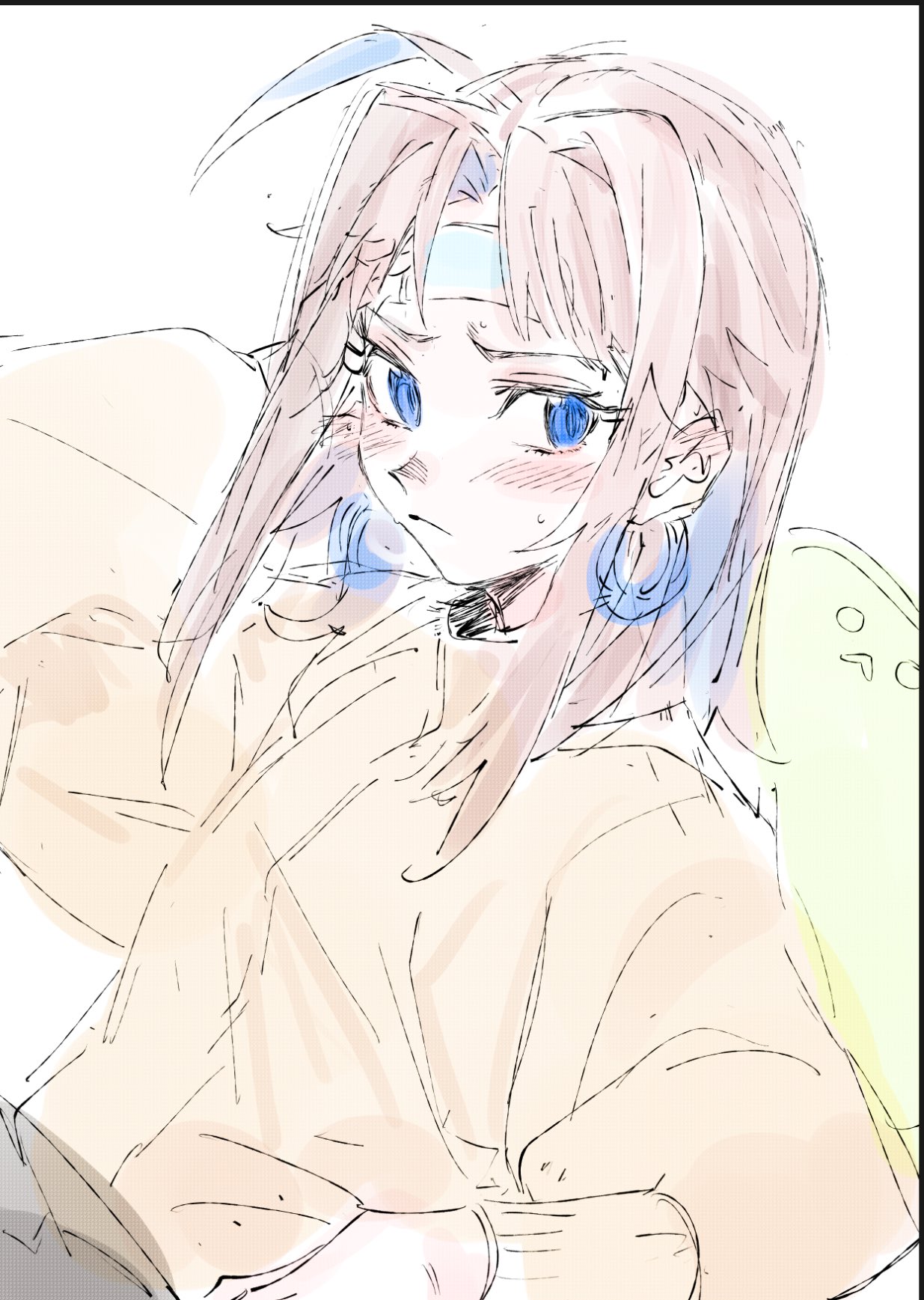 1girl ahoge arm_up blue_eyes blue_hair blush earrings eyelashes grey_background hatching_(texture) highres jewelry long_eyelashes maido_mido medium_hair multicolored_hair original pink_hair sick simple_background sketch solo unfinished