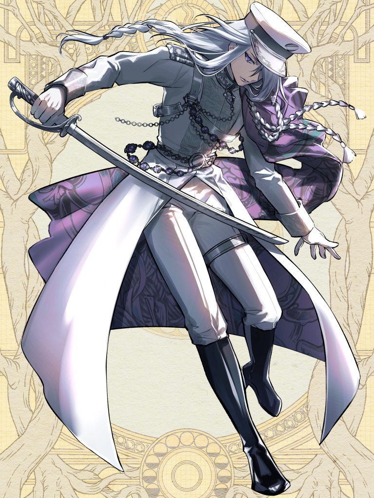 1boy black_footwear boots braid cape chain dairoku_ryouhei full_body glint grey_eyes hat holding holding_sword holding_weapon knee_boots long_hair long_sleeves male_focus morino_bambi pants purple_cape standing standing_on_one_leg sword thigh_strap uniform weapon white_headwear white_pants yellow_background