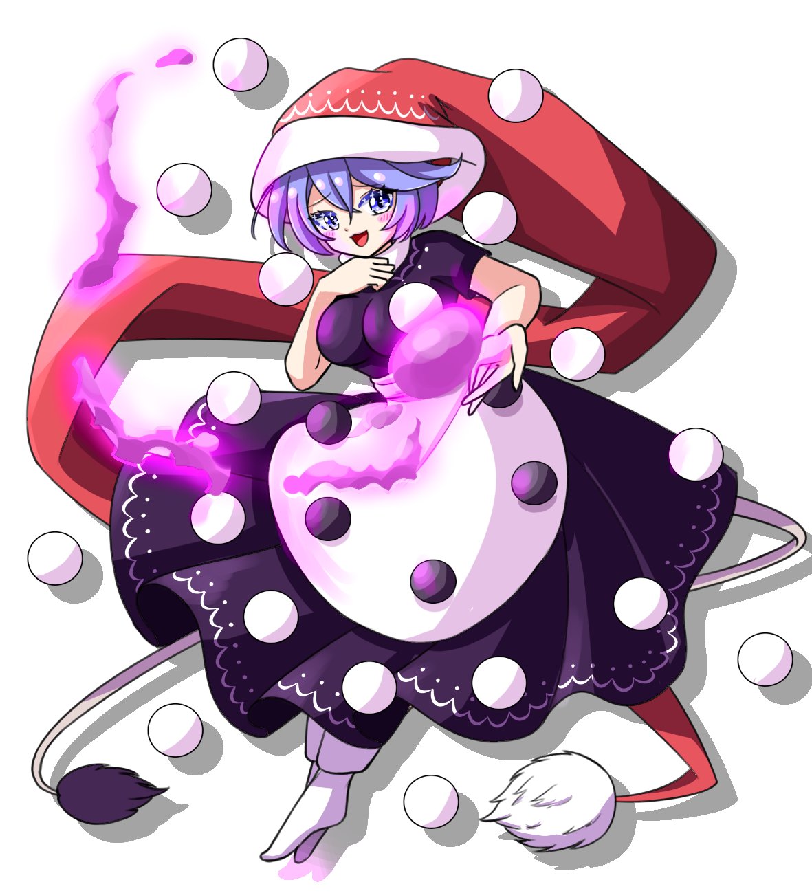 1girl :d bangs black_dress blue_eyes blue_hair doremy_sweet dress eyebrows_visible_through_hair full_body hat highres looking_at_viewer open_mouth pom_pom_(clothes) red_headwear santa_hat short_hair simple_background smile solo tail tapir_tail touhou two-tone_dress white_background white_dress white_footwear zenji029