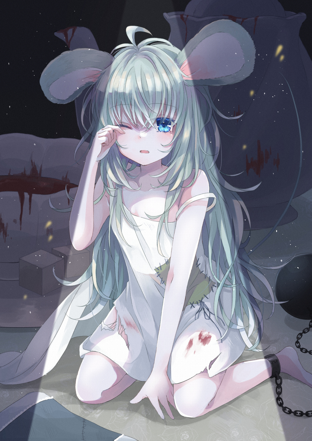 1girl animal_ears ankle_cuffs blood blood_on_clothes blood_splatter blue_eyes blue_hair dress highres konokikiki long_hair looking_at_viewer mouse_ears mouse_girl mouse_tail original rubbing_eyes sleeping_mouse_(konokikiki) sleepy solo tail yawning