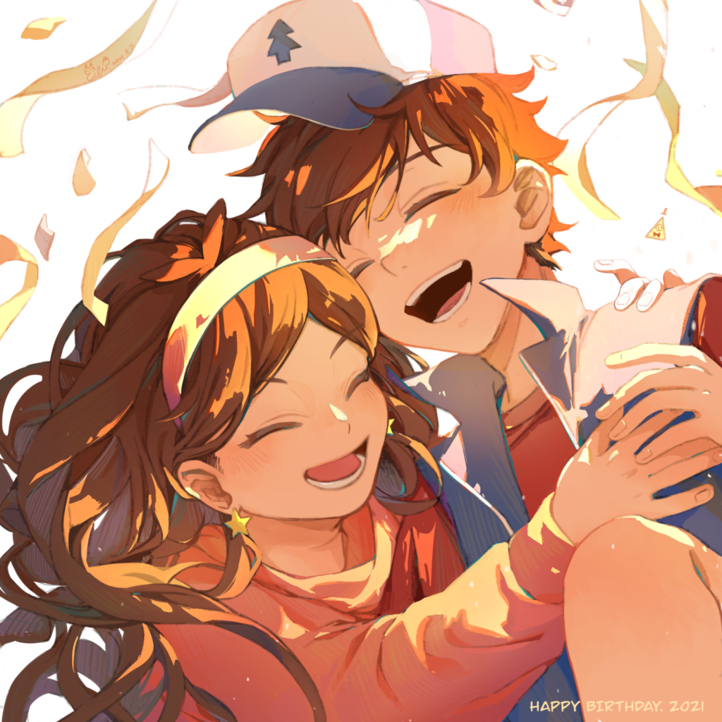 1boy 1girl 2021 :d ahoge bangs baseball_cap bill_cipher birthday blush brother_and_sister brown_hair closed_eyes confetti dipper_pines earrings eden_(eden871225) gravity_falls hairband hand_on_another's_shoulder happy_birthday hat holding_hands hug jewelry knee_up long_hair mabel_pines popped_collar shirt short_hair siblings smile star_(symbol) star_earrings sweater t-shirt twins vest