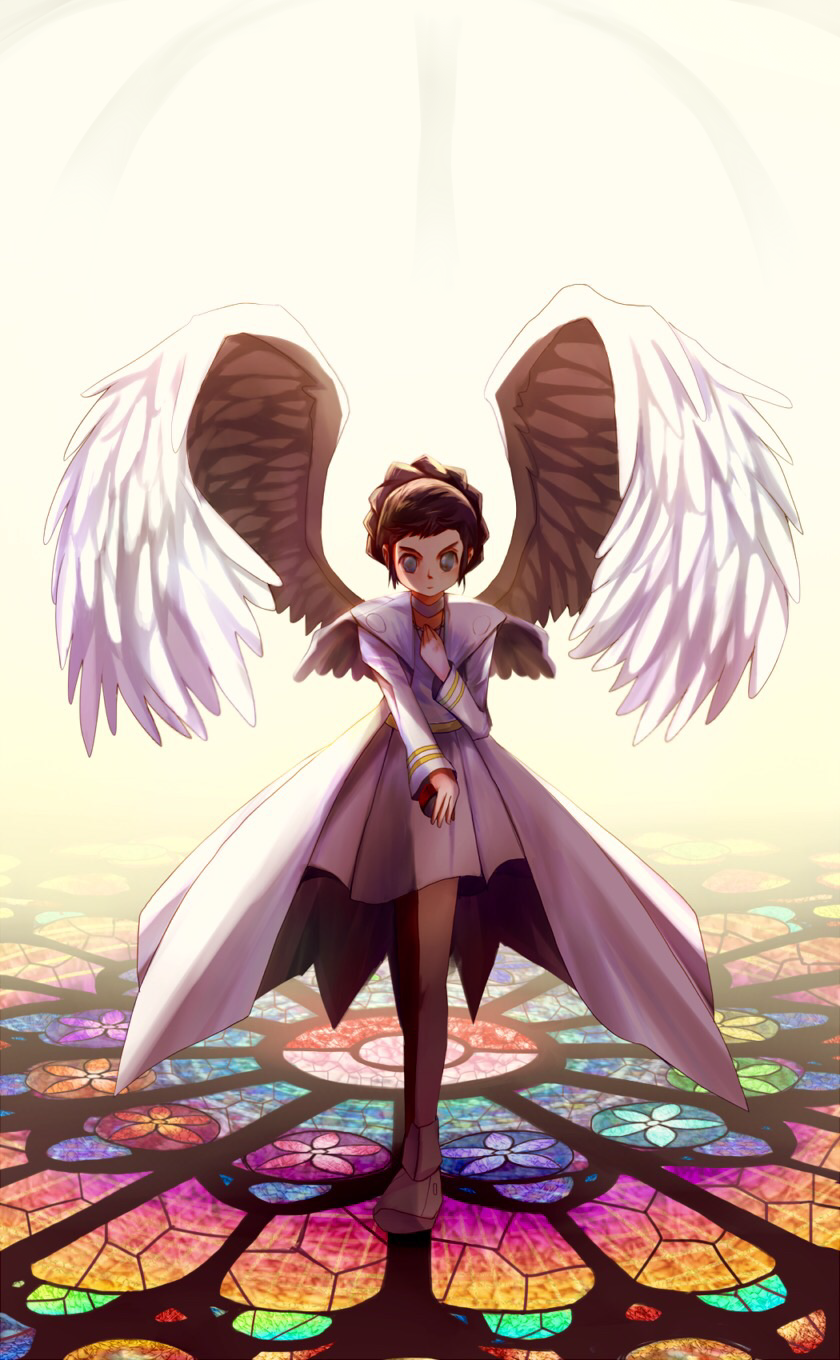 1girl backlighting blue_eyes braid brown_hair capelet choker closed_mouth coat commentary_request crown_braid diantha_(pokemon) english_commentary feathered_wings hand_up highres looking_at_viewer miniskirt mixed-language_commentary open_clothes open_coat partial_commentary pokemon pokemon_(game) pokemon_xy ribero shirt shoes short_hair skirt solo stained_glass straight-on v-shaped_eyebrows white_capelet white_choker white_coat white_footwear white_shirt white_skirt white_wings wings