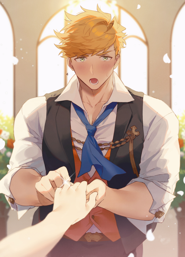 1boy bangs black_vest blonde_hair blue_neckerchief blush collared_shirt falling_petals granblue_fantasy green_eyes higashigunkan holding_hands jewelry male_focus muscular muscular_male neckerchief official_alternate_costume open_clothes open_mouth open_vest petals ring shirt short_hair vane_(granblue_fantasy) vane_(the_dragon_knights)_(granblue_fantasy) vest wedding wedding_ring white_shirt