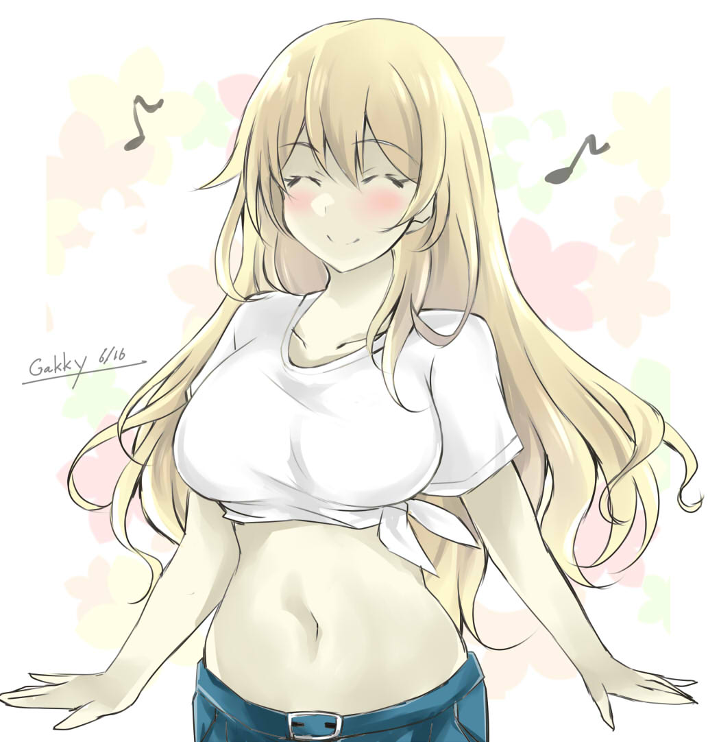 1girl atago_(kancolle) blonde_hair blue_pants breasts commentary_request cowboy_shot denim eighth_note gakky jeans kantai_collection large_breasts long_hair midriff musical_note one-hour_drawing_challenge pants shirt solo standing t-shirt tied_shirt upper_body white_shirt