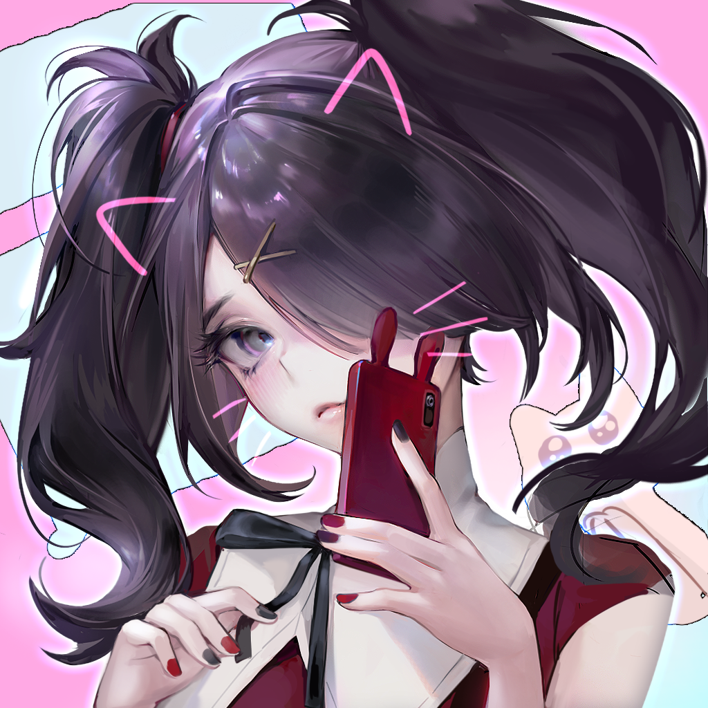 1girl ame-chan_(needy_girl_overdose) animal_ears bangs black_hair blush cat_ears cellphone fake_animal_ears fake_whiskers frown hair_ornament hair_over_one_eye hair_tie hairclip high_collar holding holding_phone i.chi long_hair messy_hair nail_polish neck_ribbon needy_girl_overdose phone phone_with_ears ribbon sleeveless solo thick_eyebrows twintails violet_eyes x_hair_ornament