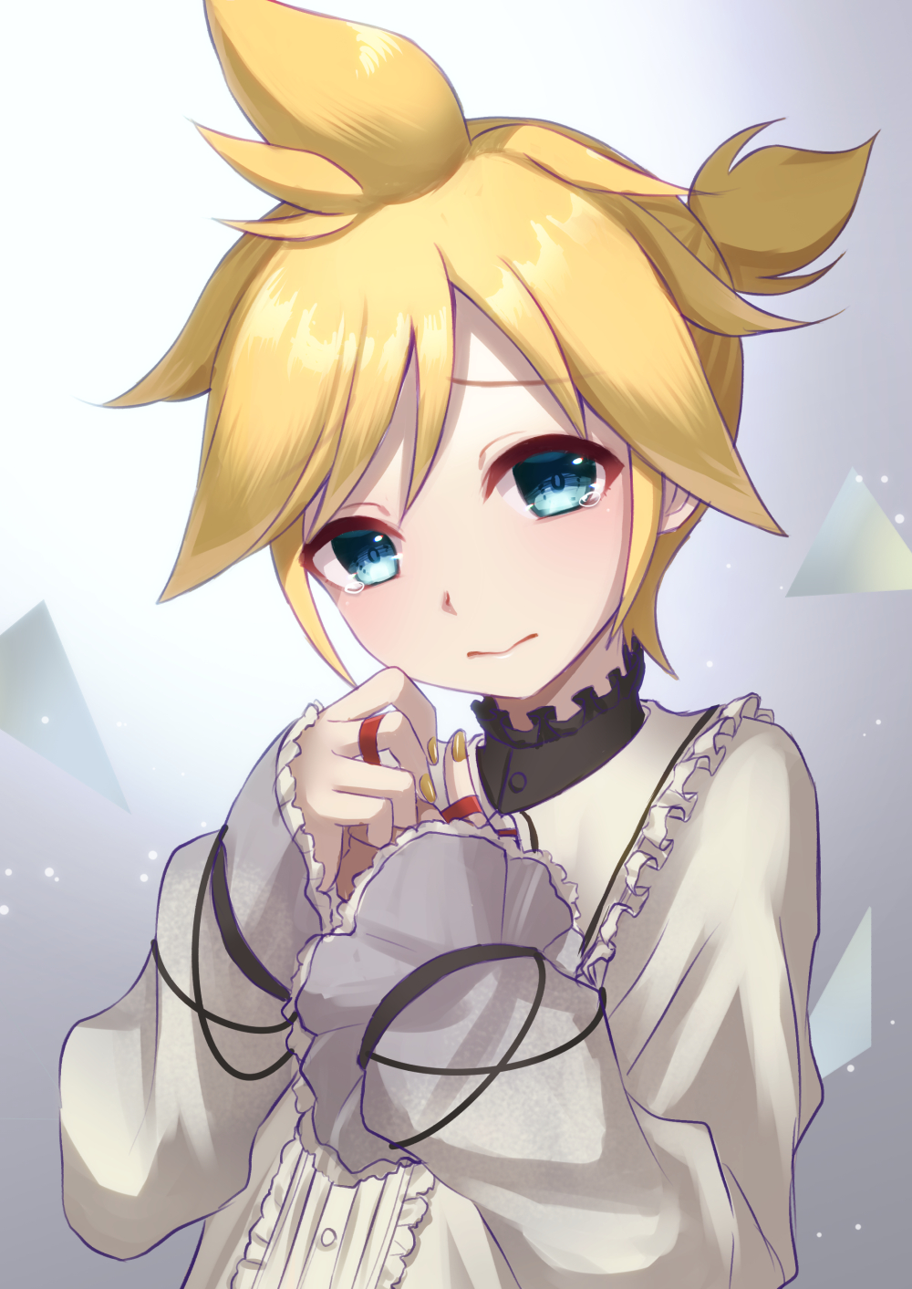 1boy aqua_eyes aroeruji3 bangs blonde_hair blue_eyes child closed_mouth commentary_request eyebrows_visible_through_hair frilled_sleeves frills highres kagamine_len long_sleeves looking_at_viewer male_child male_focus simple_background solo tears vocaloid yellow_nails