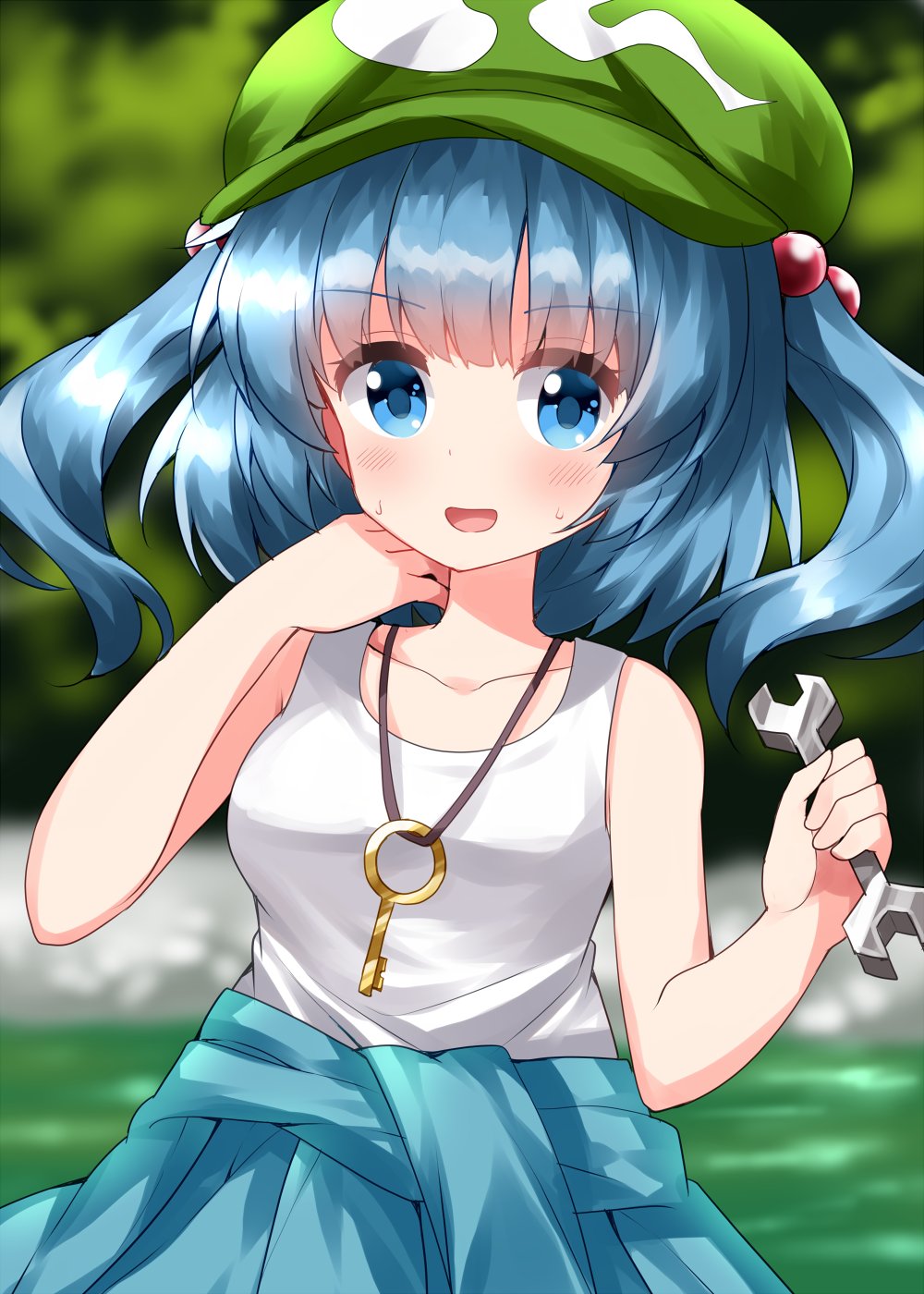 1girl bangs bare_shoulders blue_eyes blue_hair blue_jacket blurry blurry_background blush breasts collarbone commentary_request eyebrows_visible_through_hair eyes_visible_through_hair grass green_headwear hair_between_eyes hair_bobbles hair_ornament hand_on_own_face hands_up hat highres instrument jacket kawashiro_nitori key key_necklace leaf light long_sleeves looking_to_the_side medium_breasts one-hour_drawing_challenge open_mouth river ruu_(tksymkw) shadow shirt short_hair short_twintails sleeveless sleeveless_shirt smile solo standing sweat sweatdrop t-shirt touhou tree twintails water white_shirt wrench