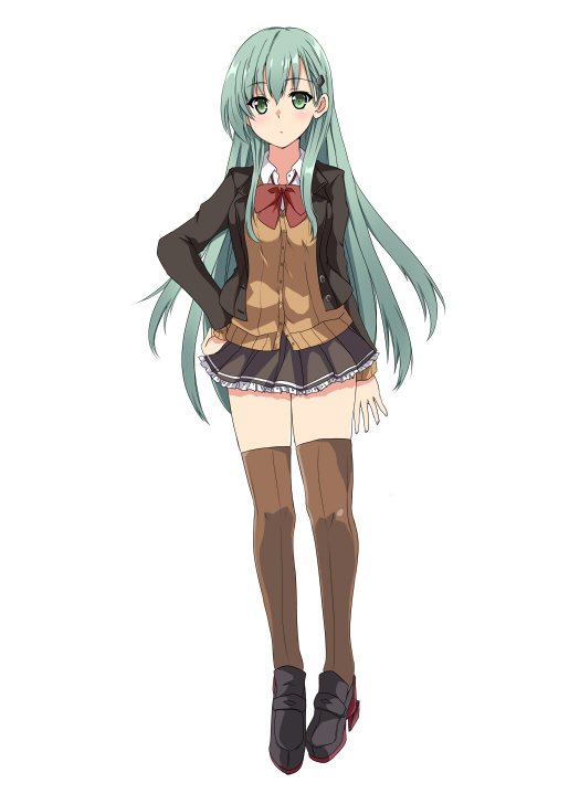 1girl aqua_hair black_footwear bow bowtie brown_cardigan brown_jacket brown_legwear brown_skirt cardigan eyebrows_visible_through_hair frilled_skirt frills full_body green_eyes hair_ornament hairclip hand_on_hip hinase_(jet_hearts) jacket kantai_collection loafers long_hair looking_at_viewer open_clothes open_jacket pleated_skirt red_bow red_bowtie school_uniform shoes simple_background skirt solo suzuya_(kancolle) suzuya_kai_ni_(kancolle) thigh-highs white_background