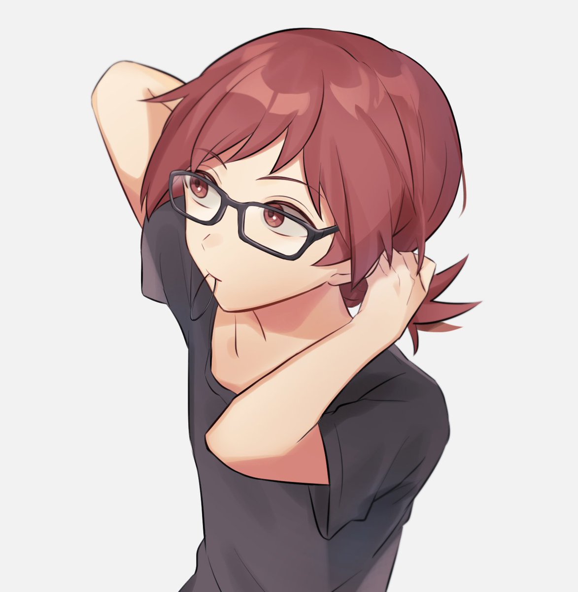 1boy adjusting_hair bangs black-framed_eyewear brown_eyes brown_hair closed_mouth commentary_request glasses grey_shirt hair_tie_in_mouth highres male_focus mouth_hold pokemon pokemon_(game) pokemon_dppt roark_(pokemon) shiny shiny_hair shirt short_sleeves sioinari_03 solo t-shirt upper_body