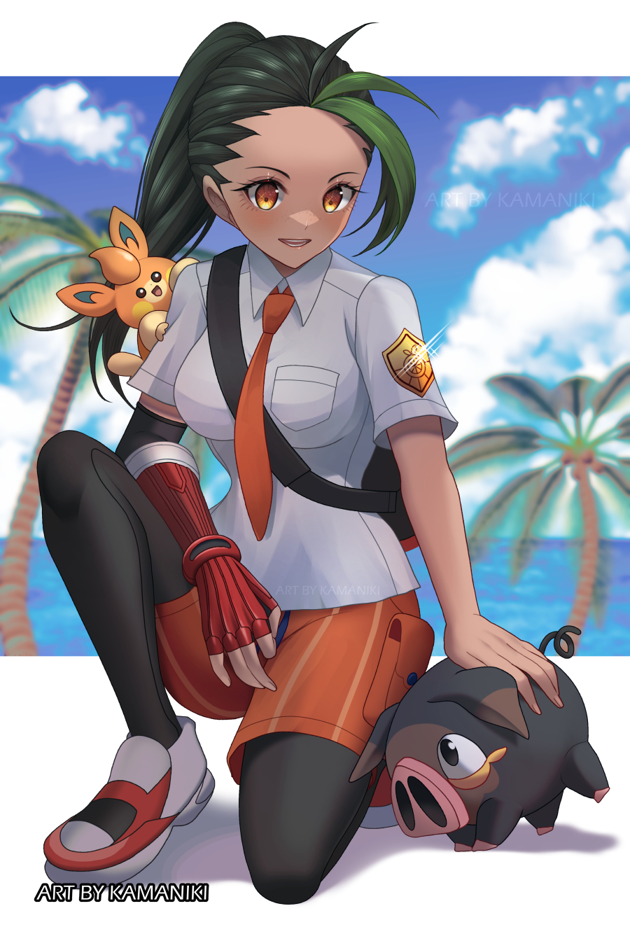 1girl artist_name badge blue_sky blush breast_pocket breasts clouds cloudy_sky collared_shirt day elbow_gloves facing_viewer fingerless_gloves gloves highres kamaniki kneeling large_breasts lechonk leggings legwear_under_shorts long_hair looking_at_viewer multicolored_hair necktie nemona_(pokemon) ocean open_mouth outdoors palm_tree patreon_username pawmi pocket pokemon pokemon_(creature) shirt shoes short_sleeves shorts single_elbow_glove sky solo sparkling_eyes tree twitter_username watermark white_shirt yellow_eyes