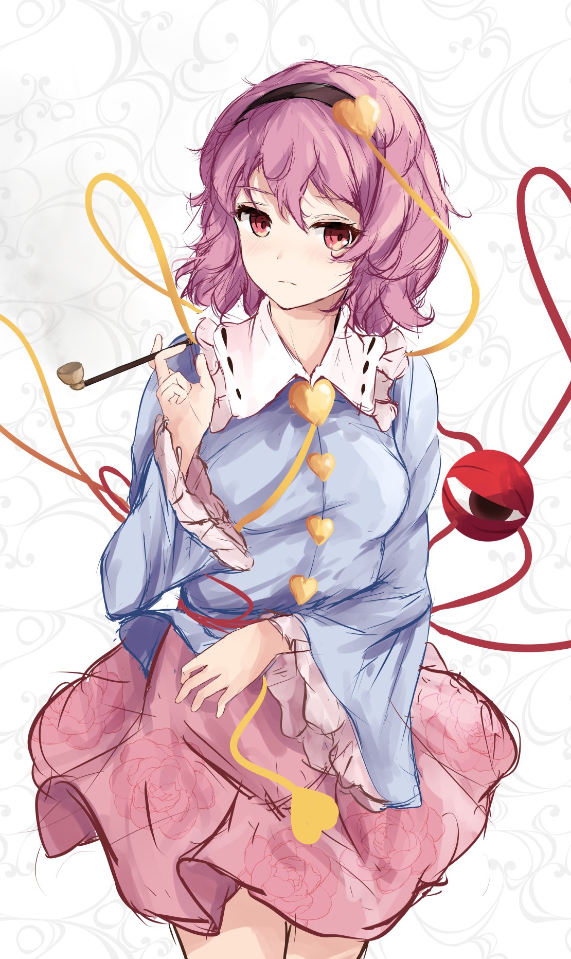 1girl black_hairband blue_shirt blush breasts buttons expressionless floral_print hairband heart_button highres komeiji_satori looking_at_viewer medium_breasts orchid_(orukido) patterned_background pink_eyes pink_hair pink_skirt shirt skirt smoking_pipe solo third_eye touhou wide_sleeves