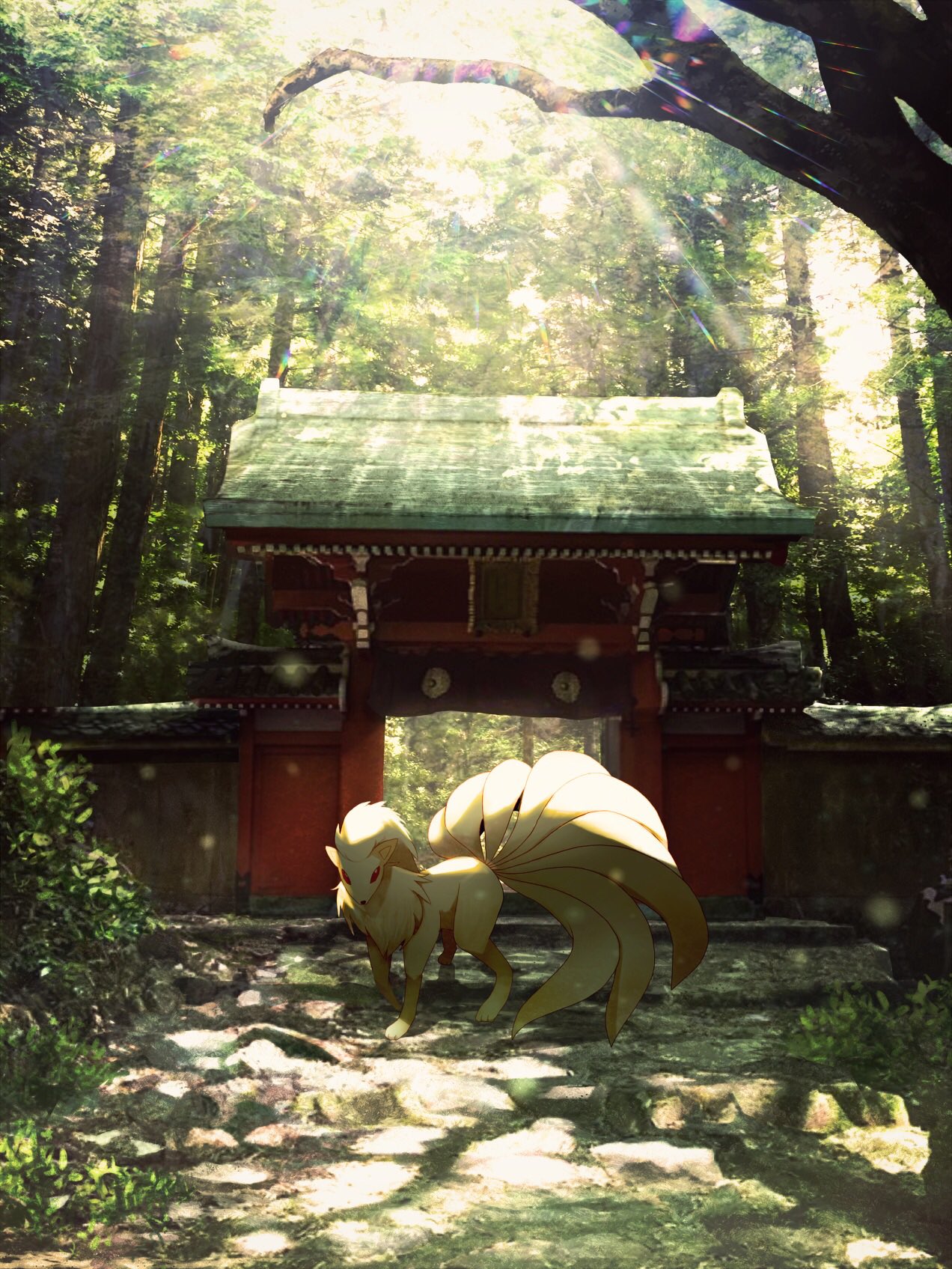 animal_focus blank_eyes bush commentary_request day forest full_body highres lens_flare light_rays looking_at_viewer nature ninetales no_humans outdoors pokemon pokemon_(creature) red_eyes ribero shrine solo standing sunlight torii tree