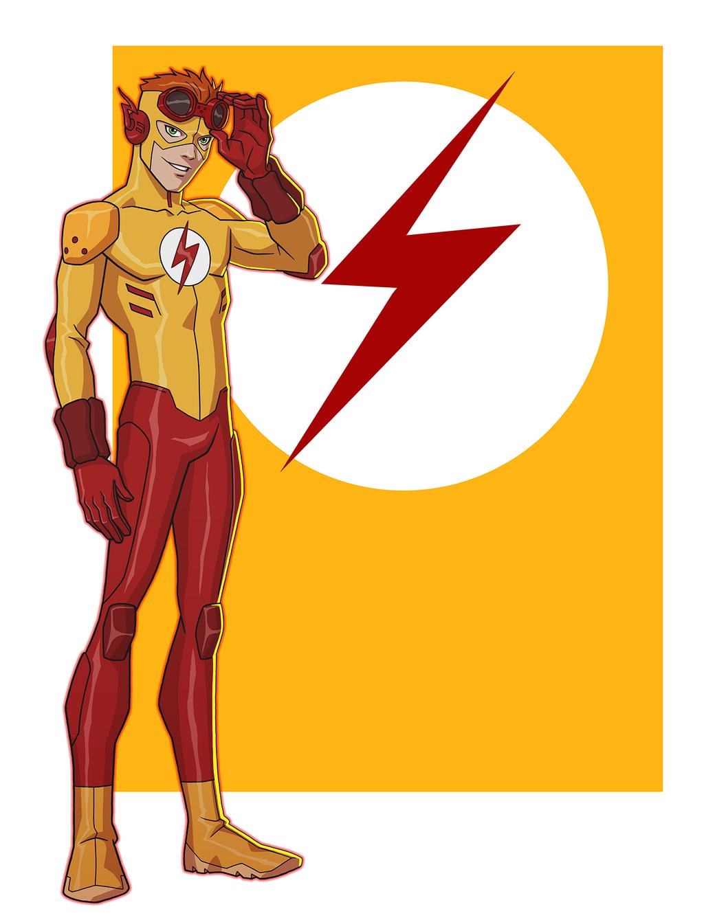 1boy bodysuit boots formal gloves goggles green_eyes highres jerome-k-moore jpeg_artifacts kid_flash knee_pads looking_at_viewer male_focus red_gloves red_goggles red_legwear redhead shoulder_pads smile suit superhero teenage wally_west yellow_bodysuit yellow_footwear young_justice