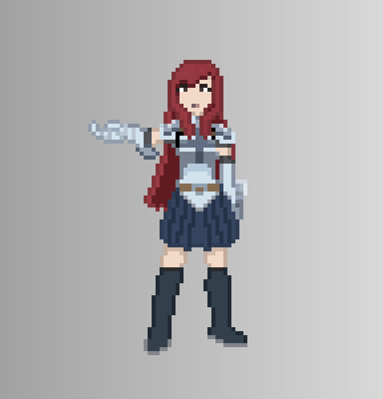 1girl arm_up armor brown_eyes closed_mouth erza_scarlet fairy_tail grey_background legs long_hair looking_at_viewer non-web_source pixel_art pokefankris redhead shoulder_armor simple_background skirt solo sprite thighs