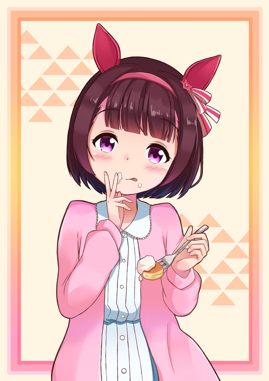 1girl animal_ears bangs blunt_bangs blush brown_hair cardigan collared_dress cream dress ear_ribbon eating food food_on_face fork hairband hand_up head_tilt highres holding holding_fork horse_ears horse_girl lace_trim long_sleeves nishino_flower_(umamusume) pancake short_hair smile solo tongue tongue_out umamusume violet_eyes yuki_(user_tjvn3757)