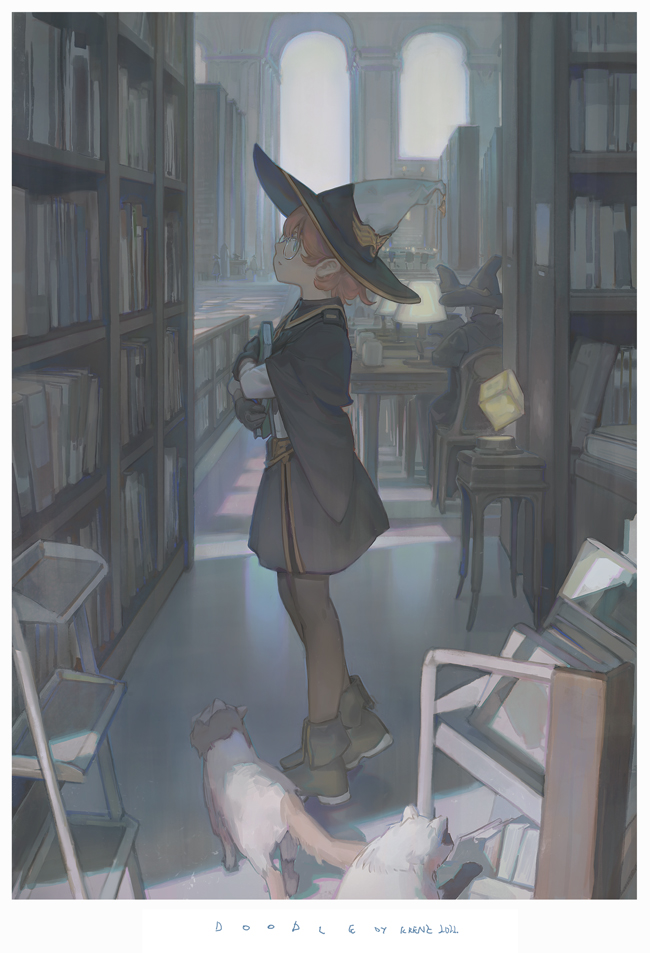 1girl 2others black_footwear black_headwear black_legwear book bookshelf cat commentary_request full_body glasses hat holding holding_book krenz library multiple_others orange_hair original shoes witch_hat