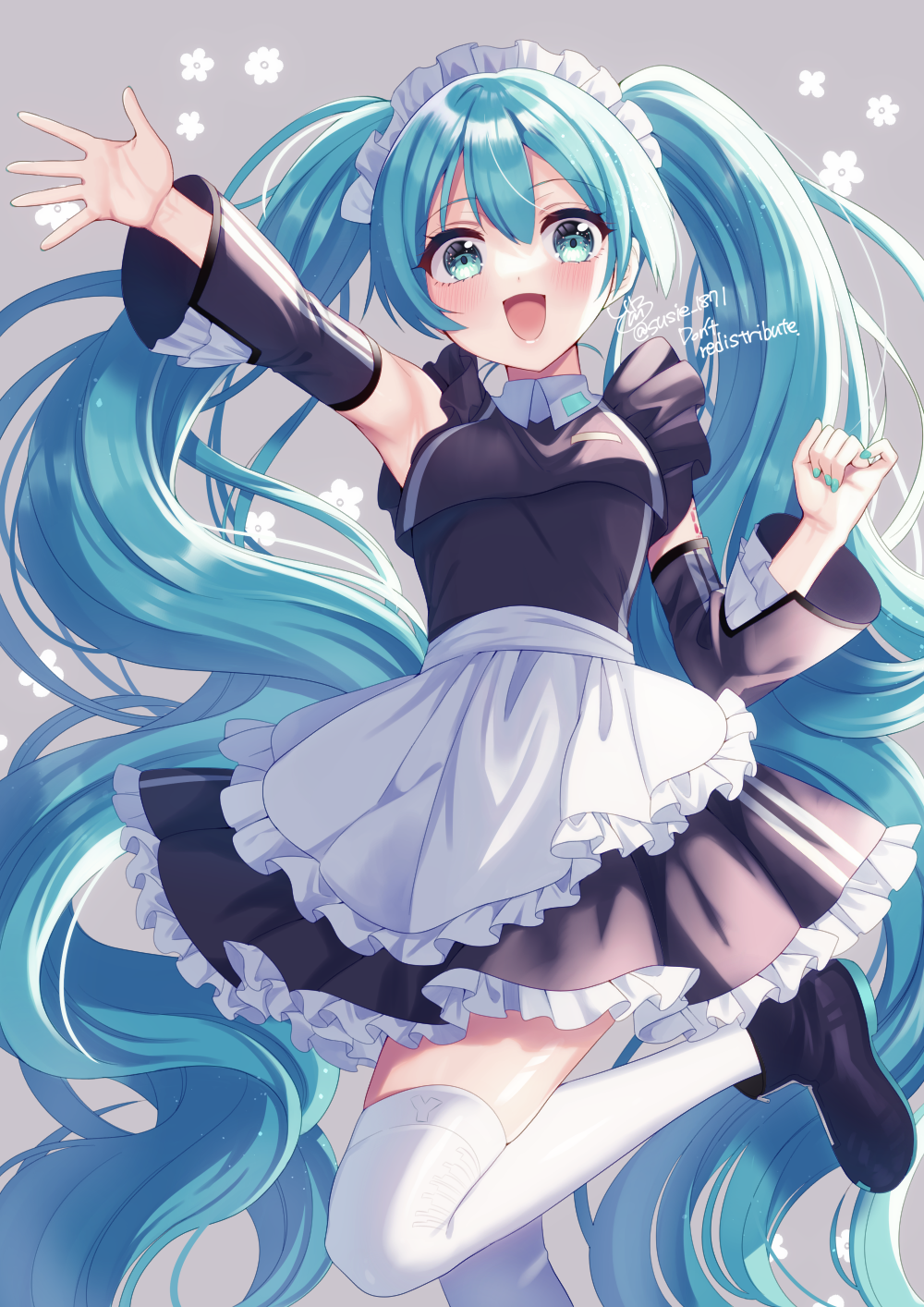 1girl apron aqua_hair aqua_nails arm_up armpits bangs black_dress black_footwear black_sleeves breasts clenched_hand commentary_request detached_sleeves doroshii dress flower foot_out_of_frame frilled_dress frills green_eyes grey_background hatsune_miku highres leg_up long_hair looking_at_viewer maid maid_headdress medium_breasts nail_polish open_mouth signature simple_background smile solo thigh-highs twintails very_long_hair vocaloid waist_apron waving white_apron white_headwear white_legwear