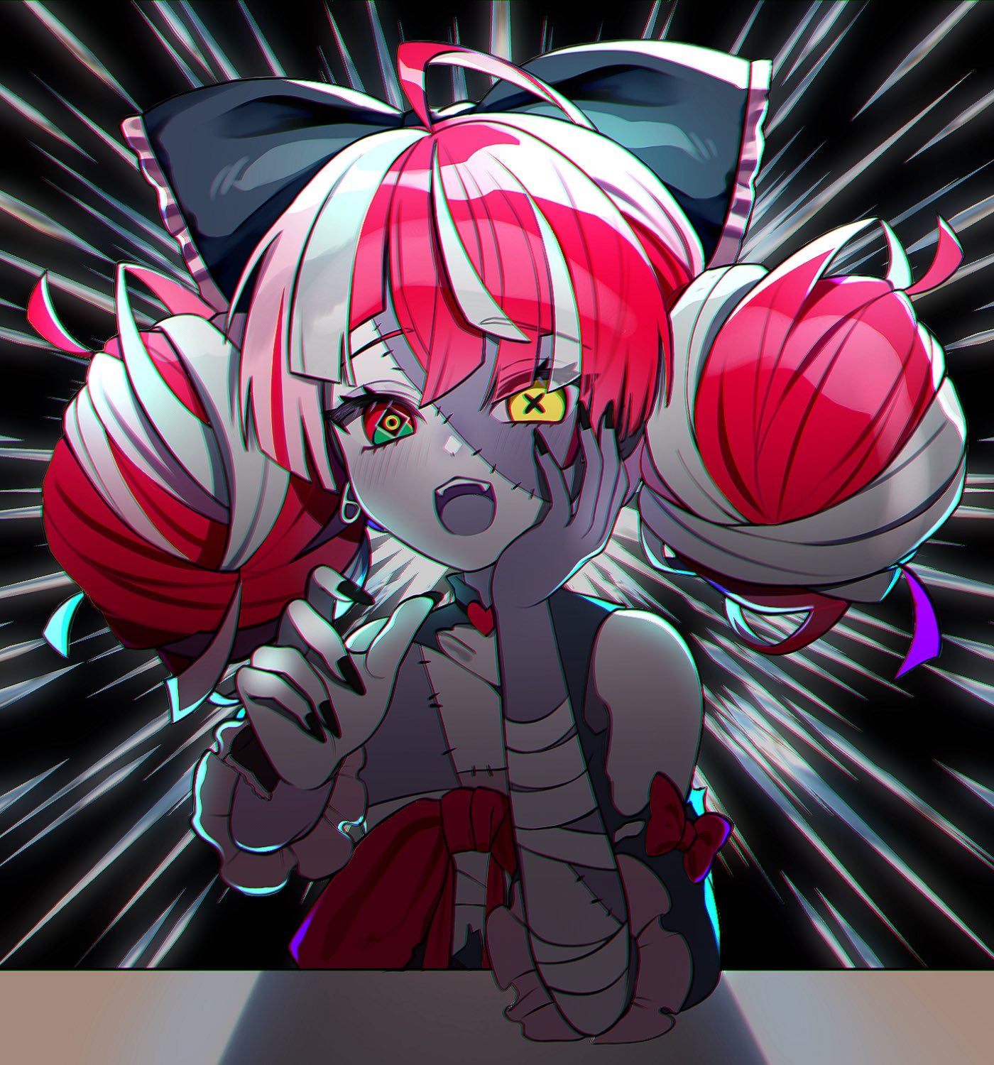 1girl black_bow black_dress bow colored_skin double_bun dress fangs green_eyes grey_hair grey_skin hair_bow hair_bun heterochromia highres hololive hololive_indonesia huge_bow kureiji_ollie multicolored_eyes multicolored_hair pure_(berrypure) red_bow red_eyes redhead solo stitched_face torn_clothes torn_dress two-tone_hair virtual_youtuber yellow_eyes zombie
