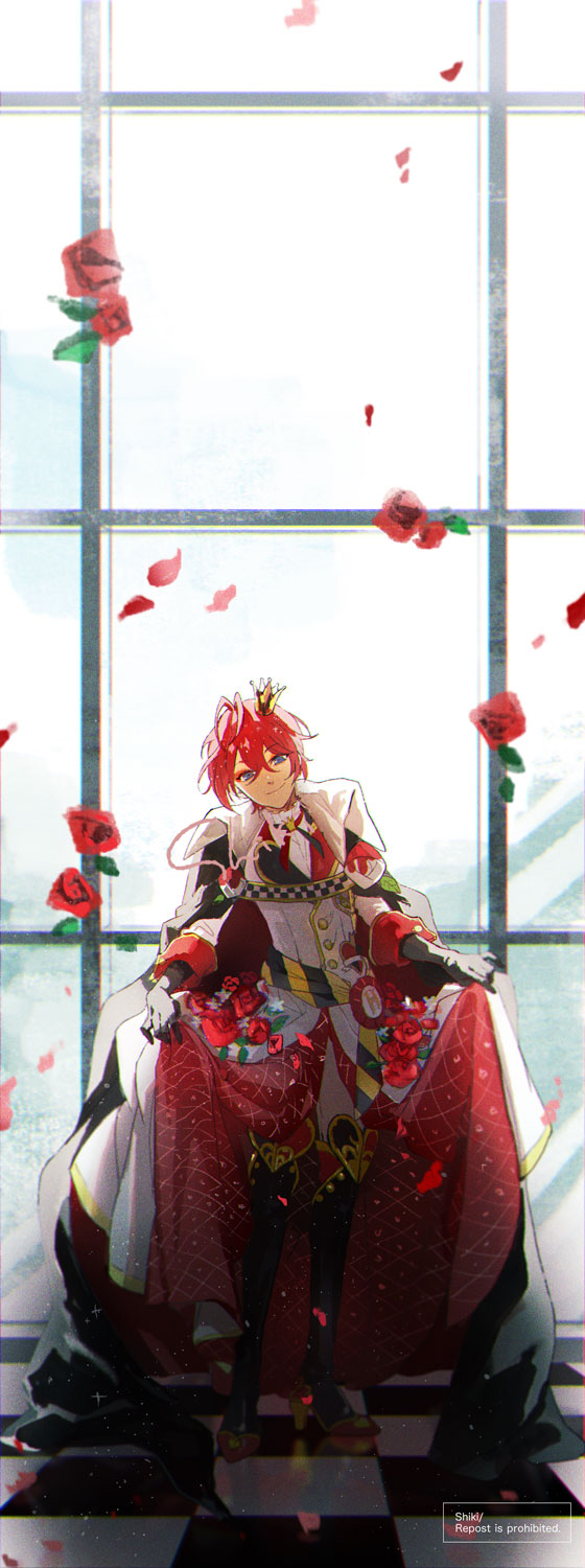 1boy antenna_hair artist_name black_footwear black_gloves black_ribbon boots cape checkered_floor commentary crown curtsey flower full_body gloves highres indoors knee_boots leaning_forward long_sleeves male_focus mini_crown red_cape red_flower red_rose redhead ribbon riddle_rosehearts rose shiki_(4shikixxx) shirt short_hair solo striped striped_ribbon twisted_wonderland two-tone_cape white_cape white_ribbon white_shirt window