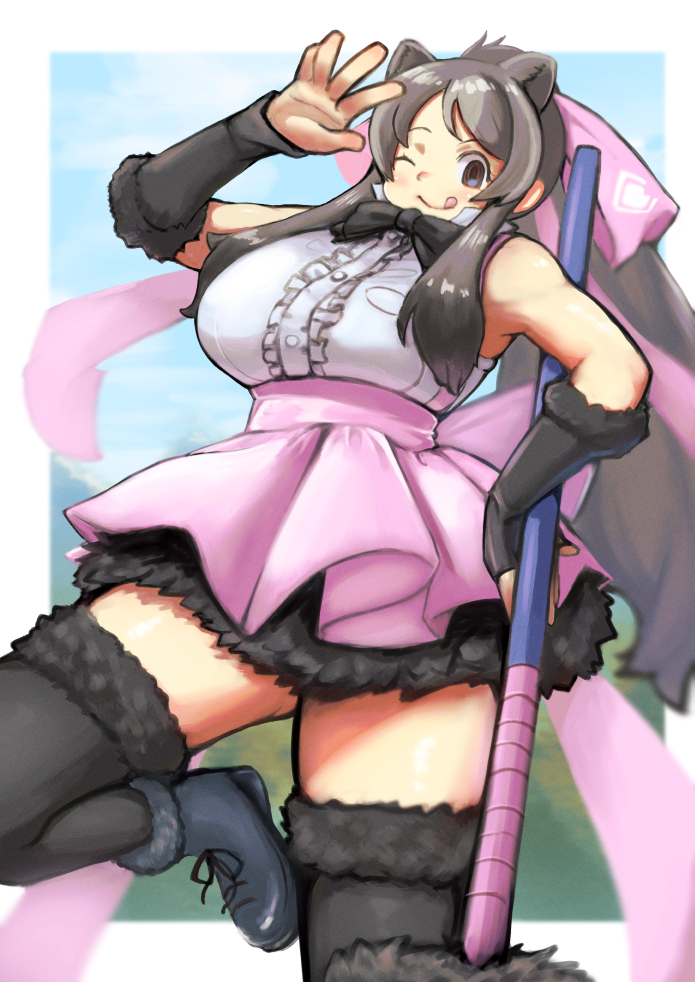 1girl ;q animal_ears arm_up armpits ass_visible_through_thighs back_bow bangs bare_shoulders bear_ears bear_paw_hammer bergman's_bear_(kemono_friends) black_bow black_eyes bow bowtie breast_pocket breasts buttons center_frills collared_shirt empty_eyes extra_ears frills fur_bracelet fur_trim grey_hair hair_bow hatch_(hatch_box) huge_bow kemono_friends large_breasts leg_lift long_hair looking_at_viewer miniskirt one_eye_closed parted_bangs pink_bow pocket shirt shoes sidelocks skirt sleeveless sleeveless_shirt smile solo standing standing_on_one_leg suspender_skirt suspenders swept_bangs taut_clothes taut_shirt thigh-highs tongue tongue_out very_long_hair weapon white_shirt zettai_ryouiki