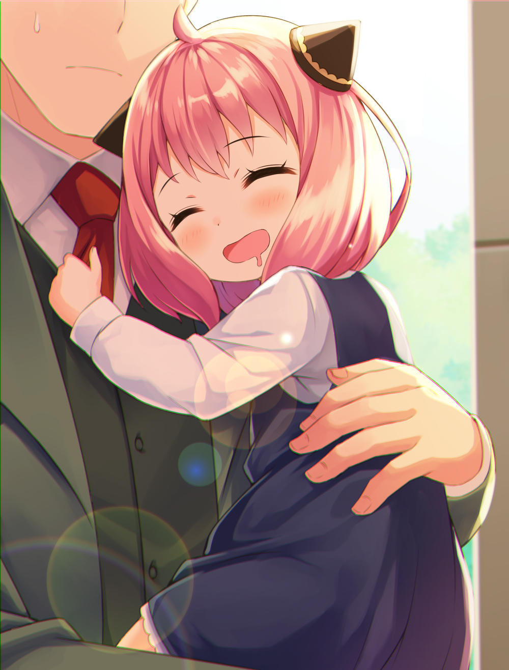 1boy 1girl ^_^ ^o^ ahoge anya_(spy_x_family) blush business_suit carrying child closed_eyes dress father_and_daughter formal head_out_of_frame highres hug long_sleeves necktie open_mouth pink_hair red_necktie s_(hdru2332) short_hair spy_x_family suit sweatdrop twilight_(spy_x_family)