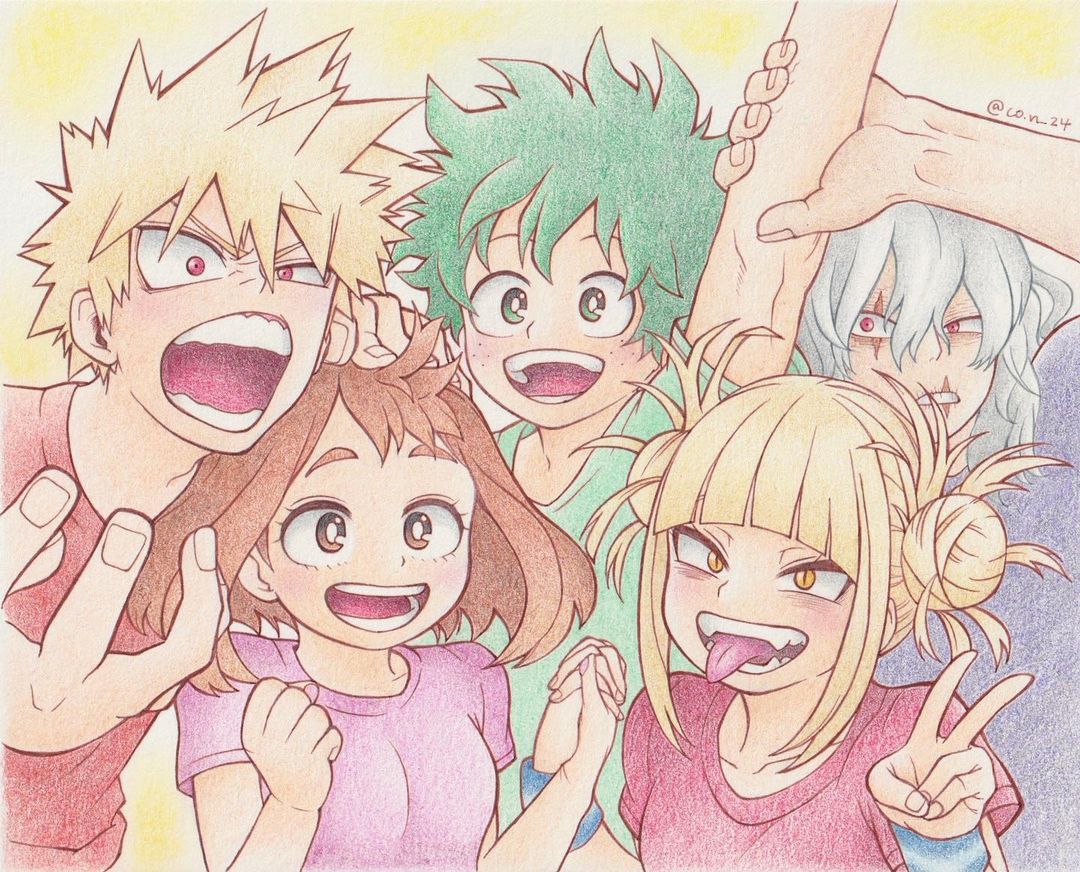 2girls 3boys arm_up bakugou_katsuki bangs blonde_hair blunt_bangs blush boku_no_hero_academia breasts brown_eyes brown_hair co.n_24 collarbone colored_pencil_(medium) commentary_request double_bun fangs freckles green_eyes green_hair green_shirt grey_hair hair_bun holding_hands instagram_username long_hair looking_at_another looking_at_viewer messy_hair midoriya_izuku multiple_boys multiple_girls open_mouth pink_shirt red_eyes red_shirt scar scar_across_eye scar_on_face shigaraki_tomura shirt short_hair short_sleeves slit_pupils smile spiky_hair teeth toga_himiko tongue tongue_out traditional_media uraraka_ochako v wristband yellow_eyes