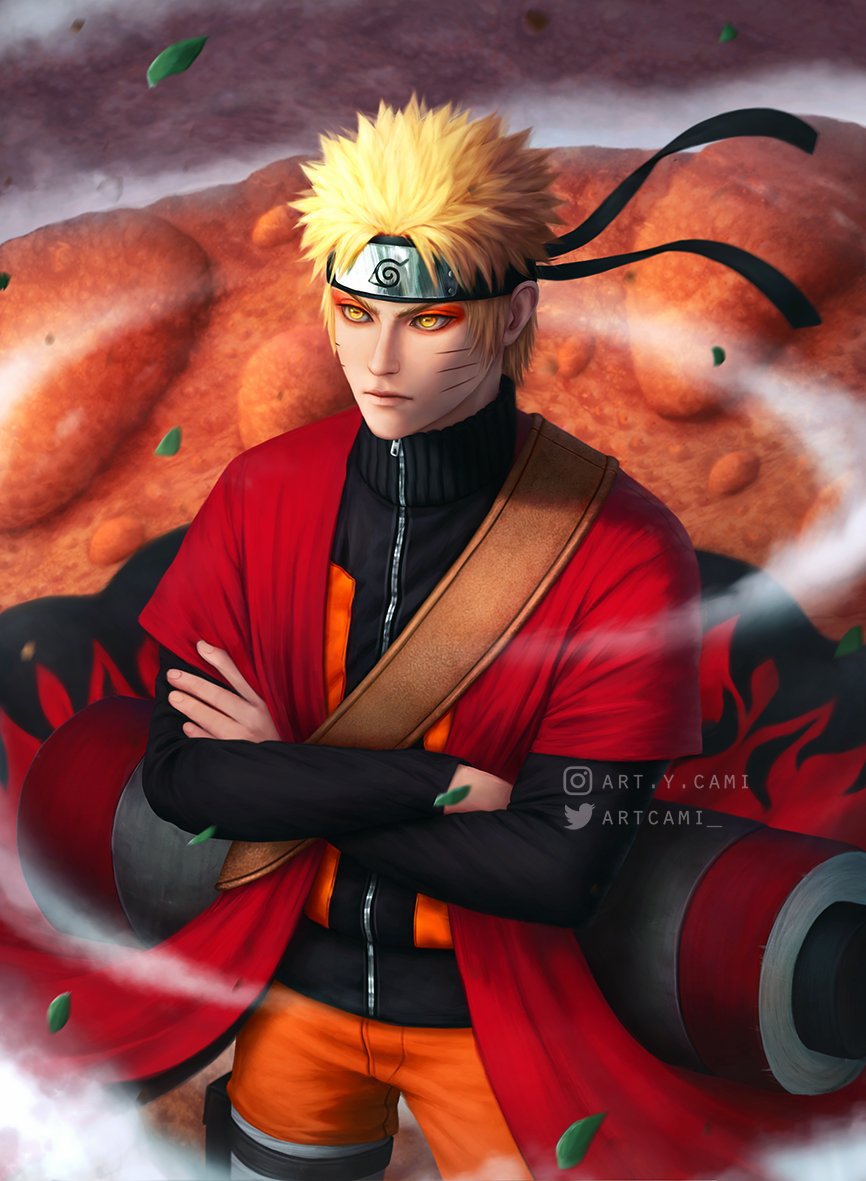 1boy animal artcami blonde_hair closed_mouth coat commentary_request crossed_arms dust facial_mark forehead_protector frog horizontal_pupils instagram_username leaf male_focus naruto_(series) naruto_shippuuden ninja open_mouth oversized_animal red_coat scroll scroll_tube sennin_mode short_hair slit_pupils smoke solo_focus standing toad_(animal) toned twitter_username uzumaki_naruto weapon whisker_markings yellow_eyes zipper