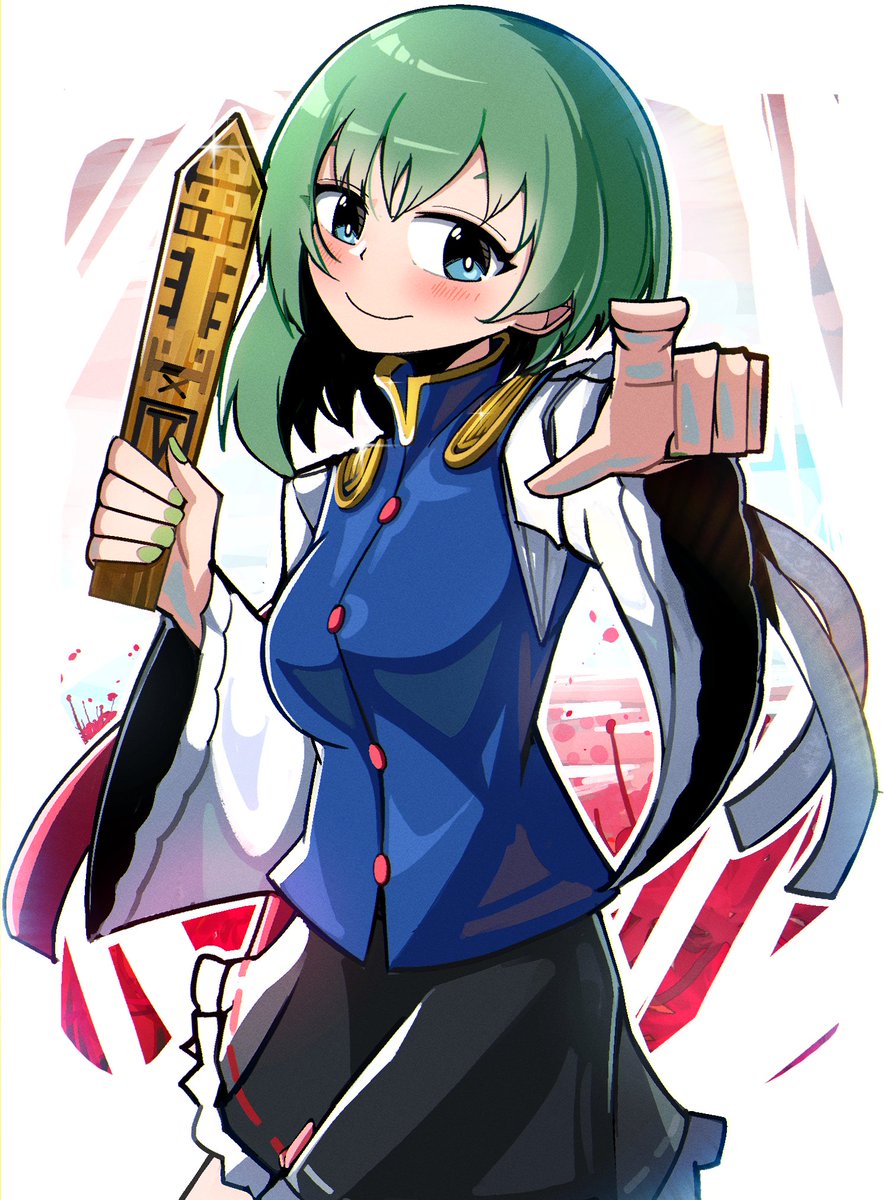 1girl asymmetrical_hair bangs black_skirt blue_eyes blue_vest blush breasts buttons closed_mouth commentary_request cowboy_shot epaulettes green_hair green_nails highres long_sleeves looking_at_viewer medium_breasts no_hat no_headwear pointing pointing_at_viewer ribbon-trimmed_skirt ribbon_trim rod_of_remorse shiki_eiki shirt short_hair skirt smile solo spam_(spamham4506) touhou vest white_shirt wide_sleeves