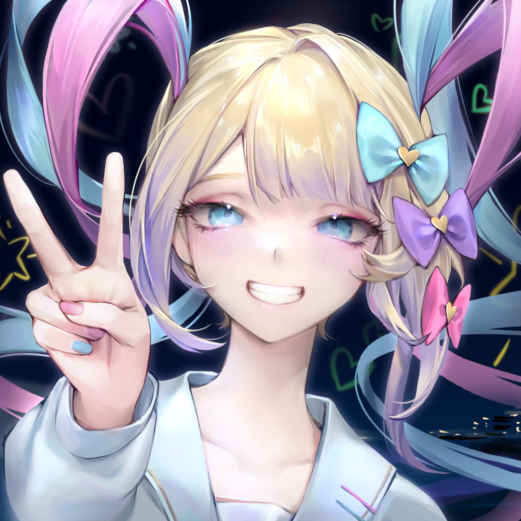 1girl bangs blonde_hair blue_eyes blue_hair blunt_bangs blush bow chouzetsusaikawa_tenshi-chan grin hair_bow half-closed_eyes i.chi long_hair long_sleeves looking_at_viewer multicolored_hair multiple_hair_bows nail_polish needy_girl_overdose pink_hair quad_tails school_uniform serafuku smile solo twintails v