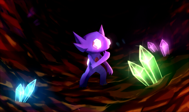 1other blue_gemstone cave colored_skin commentary_request crystal demon full_body gem glowing glowing_eyes green_gemstone hand_up no_humans pink_eyes pink_gemstone pokemon pokemon_(creature) purple_skin ribero sableye solo standing