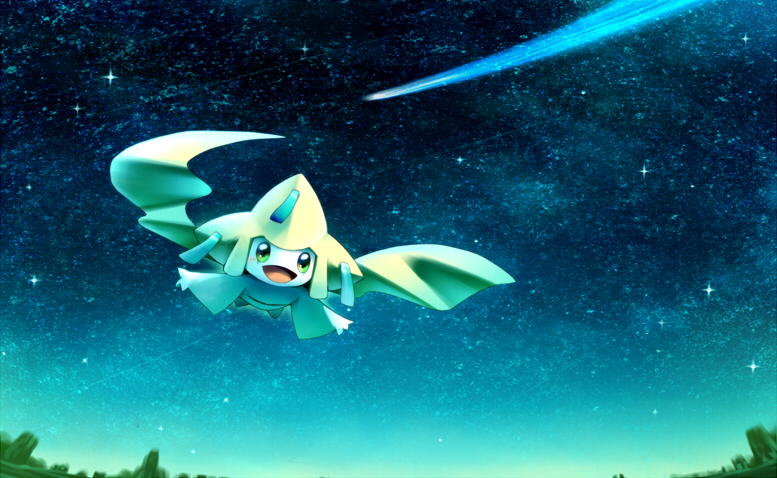 1other blue_sky blush colored_skin commentary_request fisheye floating full_body gradient_sky green_eyes happy jirachi light_blush looking_at_viewer night open_mouth outdoors outstretched_arms pokemon pokemon_(creature) ribero shooting_star sky smile solo spread_arms star_(sky) starry_sky white_skin