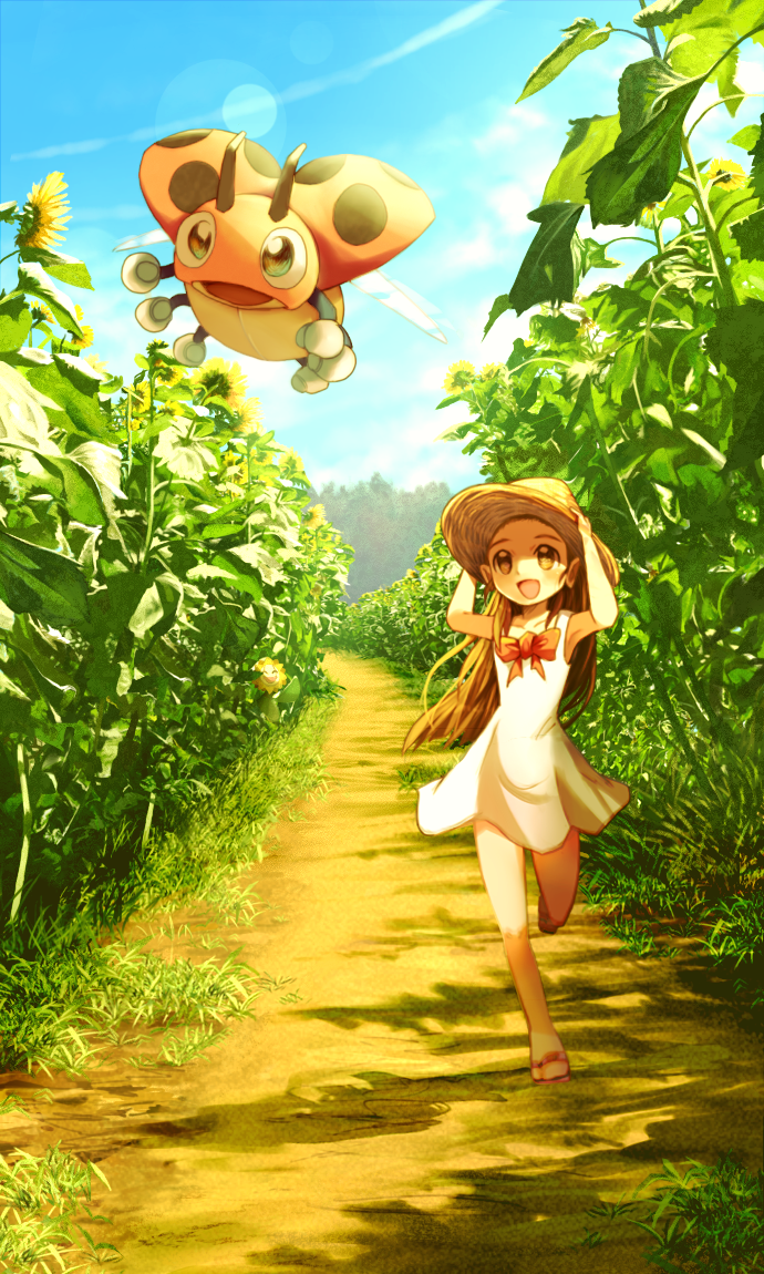 1girl :d armpits arms_up bare_arms bare_legs bare_shoulders bow bowtie brown_eyes brown_hair brown_headwear clouds collarbone commentary_request day dress error field flower flower_field full_body green_eyes hand_on_headwear hat jasmine_(pokemon) ledyba leg_up lens_flare light_rays long_hair no_legwear open_mouth path plant pokemon pokemon_(creature) pokemon_(game) pokemon_hgss red_bow red_bowtie revision ribero road running sandals shadow sleeveless sleeveless_dress smile summer sun_hat sundress sunflora sunflower sunlight wrong_feet younger