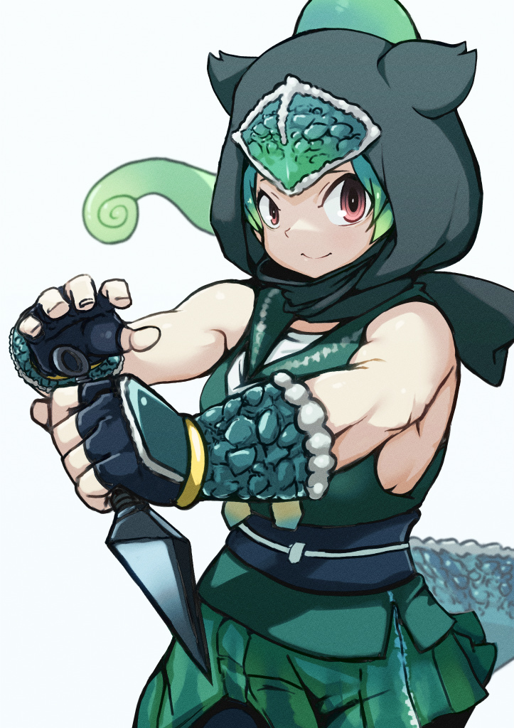 1girl bare_shoulders bike_shorts bike_shorts_under_skirt black_gloves bracer breasts chameleon_tail cowboy_shot detached_hood fighting_stance fingerless_gloves fingernails forehead_protector gloves green_shirt grey_hair hair_through_headwear hands_up hatch_(hatch_box) high_ponytail holding holding_weapon hood hood_up kemono_friends kunai light_green_hair long_hair miniskirt multicolored_hair ninja outstretched_arms panther_chameleon_(kemono_friends) pleated_skirt red_eyes ringed_eyes sailor_collar shirt sideboob simple_background skirt sleeveless sleeveless_shirt smile solo tail two-tone_hair weapon white_background