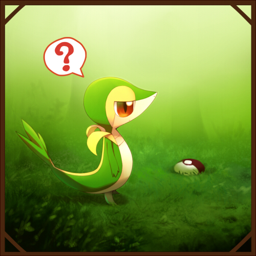 ? animal_focus arm_at_side border brown_border closed_mouth commentary_request day expressionless foongus forest from_side full_body gradient gradient_background grass green_background green_theme half-closed_eyes lowres nature no_humans outdoors poke_ball_symbol pokemon pokemon_(creature) red_eyes ribero snivy solo_focus speech_bubble spoken_question_mark standing tree