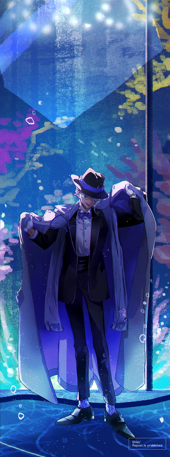 1boy air_bubble artist_name azul_ashengrotto backlighting black_footwear black_jacket black_pants bow bowtie bubble coat coat_lift commentary coral fedora formal full_body glasses gloves grey_coat grey_headwear grey_scarf hat highres indoors jacket male_focus pants purple_bow purple_bowtie scarf shiki_(4shikixxx) shirt short_hair socks solo suit twisted_wonderland underwater violet_eyes white_gloves white_hair white_legwear white_shirt window