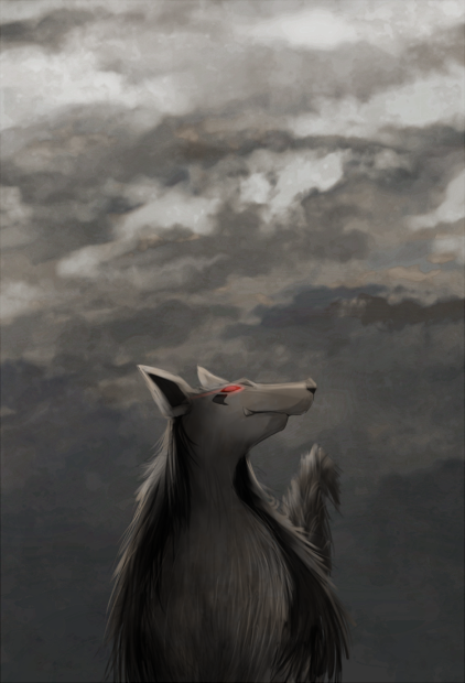 animal_focus blank_eyes closed_mouth clouds cloudy_sky commentary_request day fang fang_out glowing glowing_eyes grey_sky grey_theme looking_to_the_side looking_up mightyena no_humans outdoors pokemon pokemon_(creature) realistic red_eyes ribero sky solo standing upper_body