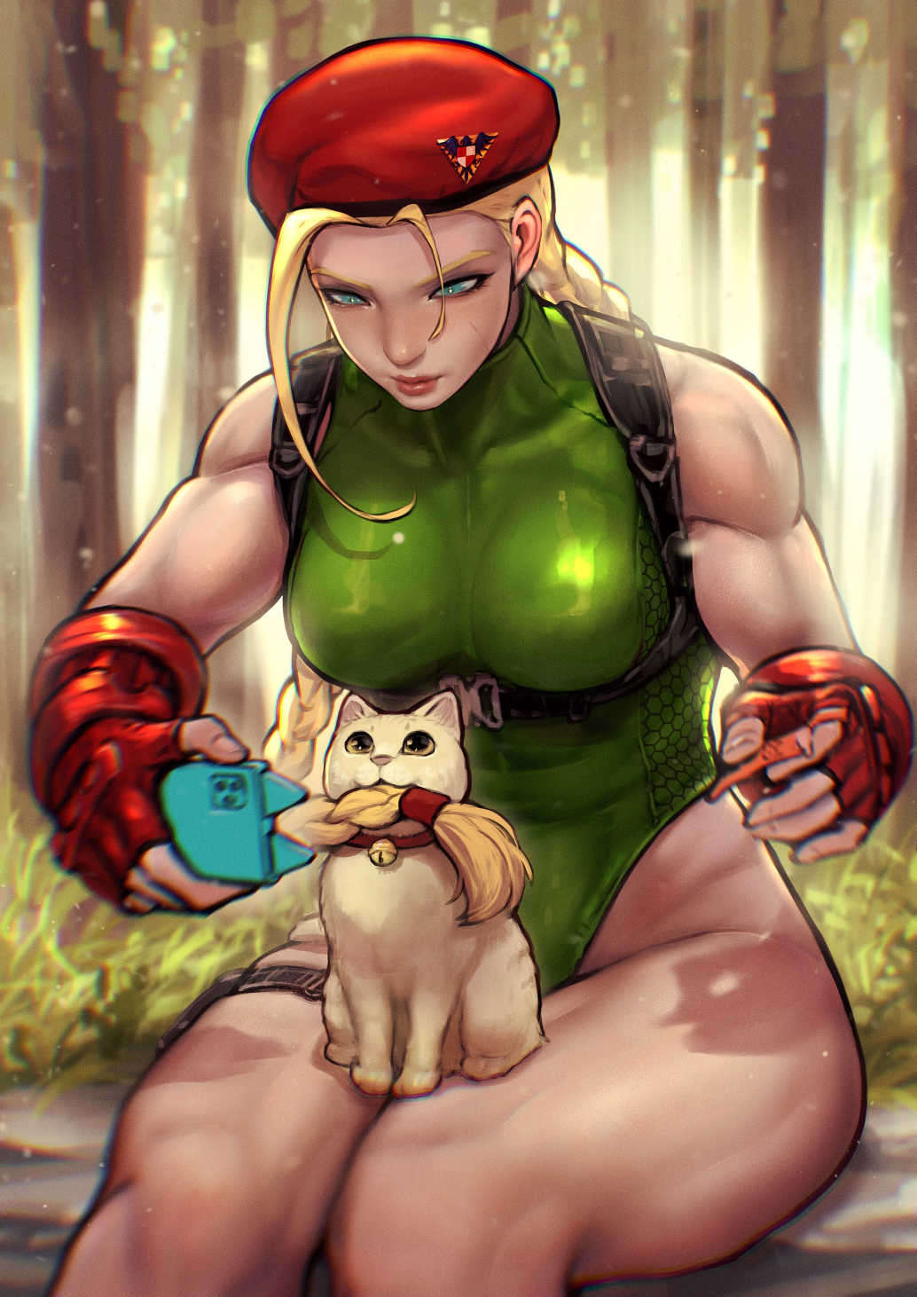 1girl ahoge animal_on_lap ayaki_d bell beret biceps blonde_hair braid breasts cammy_white cat cellphone fingerless_gloves forest gloves green_eyes green_leotard hat highleg highleg_leotard highres legs_together leotard looking_down medium_breasts muscular muscular_female nature neck_bell on_lap phone red_headwear sitting smartphone smartphone_case street_fighter thighs twin_braids