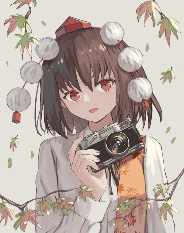 1girl bangs black_hair camera hat holding holding_camera leaf leaf_print long_sleeves looking_at_viewer maple_leaf_print ookashippo open_mouth pom_pom_(clothes) red_eyes red_headwear shameimaru_aya shirt solo tokin_hat touhou upper_body white_shirt