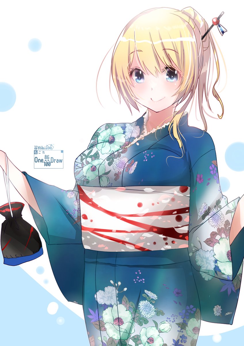 1girl alternate_costume alternate_hairstyle atago_(kancolle) bag blonde_hair blue_background blue_kimono breasts eyebrows_visible_through_hair floral_print gradient gradient_background green_eyes hair_between_eyes hair_bun hair_ornament highres japanese_clothes kantai_collection kimono kimura_shiki large_breasts long_hair long_sleeves looking_at_viewer obi sash signature single_hair_bun smile solo twitter_username white_background wide_sleeves