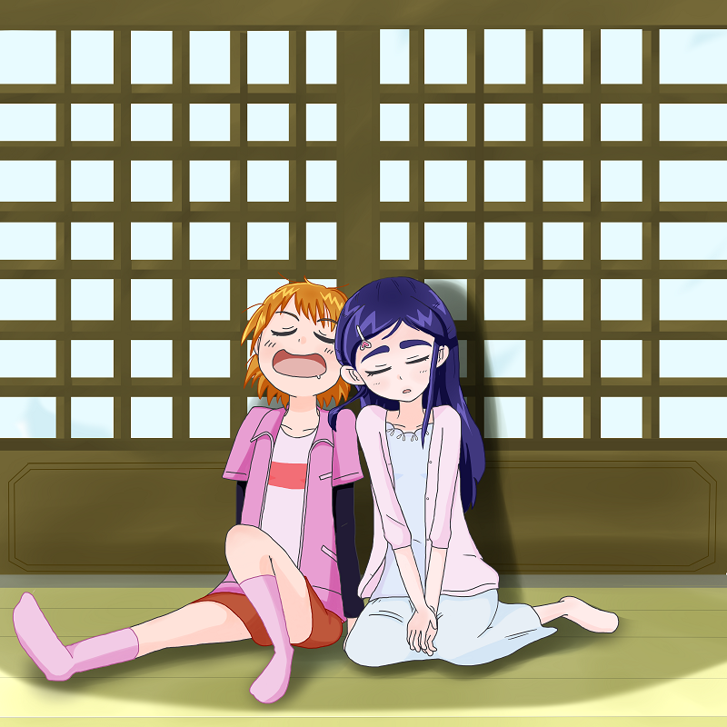 2girls closed_eyes closed_mouth commentary_request drooling futari_wa_precure green0green2001 kneeling leaning_on_person misumi_nagisa multiple_girls on_floor open_mouth precure shaded_face sleeping sleeping_upright yukishiro_honoka