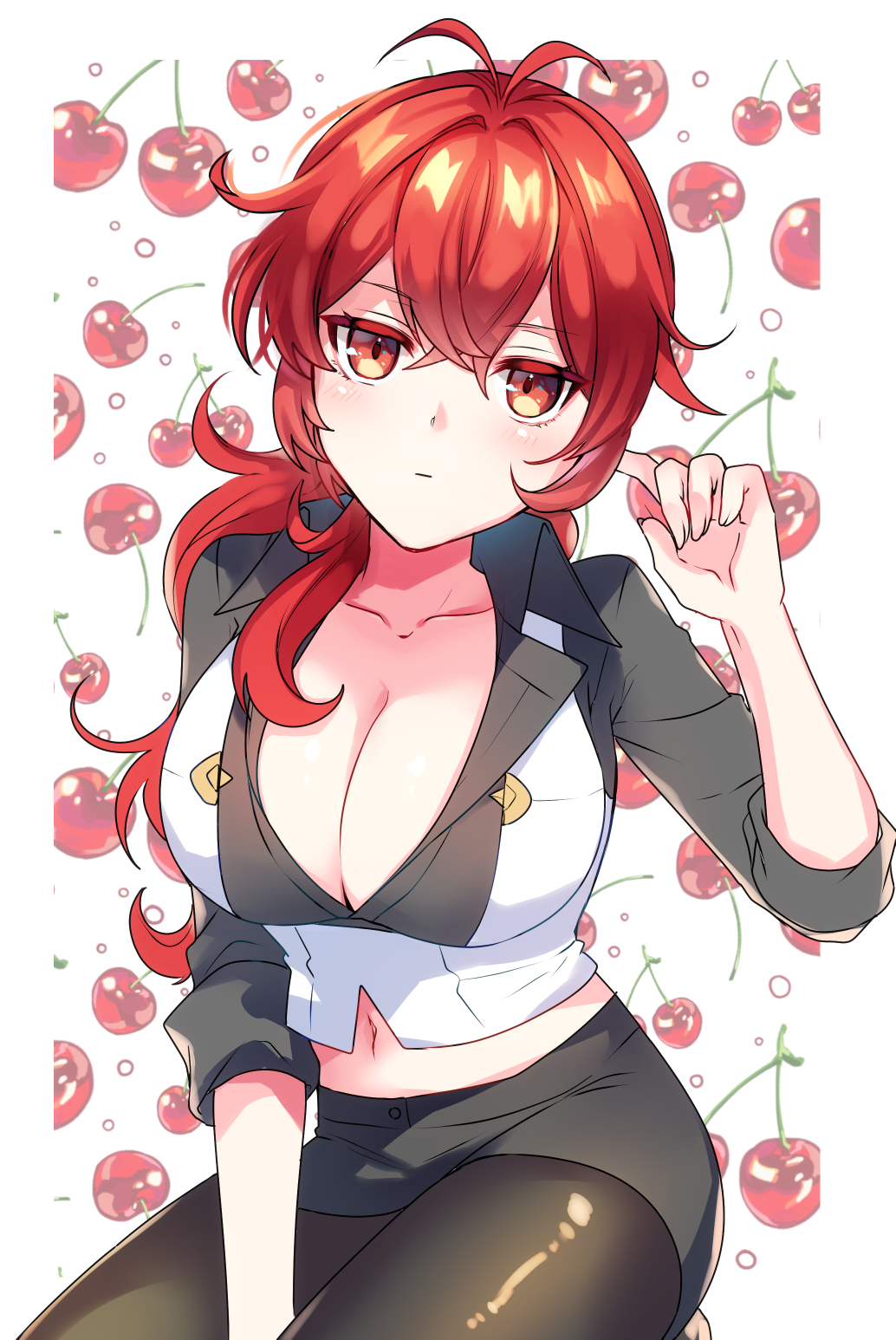 1girl black_legwear black_shirt black_skirt breasts cherry_background cleavage closed_mouth crop_top diluc_(genshin_impact) genderswap genderswap_(mtf) genshin_impact hair_between_eyes highres kokuchuutei large_breasts long_hair long_sleeves navel pantyhose pointing red_eyes redhead shirt skirt solo stomach white_background white_shirt