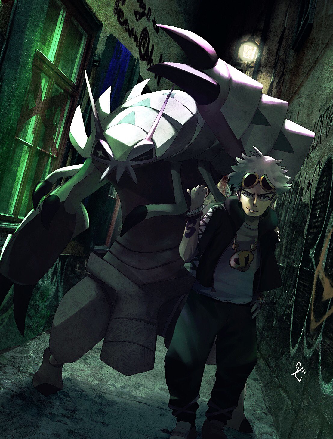+_+ 1boy alley arm_up artist_name black_jacket black_pants black_sclera bracelet claws colored_sclera commentary_request dark dutch_angle eyewear_on_head full_body golisopod graffiti grey_eyes grin guzma_(pokemon) hand_up happy highres jacket jewelry looking_at_viewer male_focus necklace night open_clothes open_jacket outdoors pants pokemon pokemon_(creature) pokemon_(game) pokemon_sm ribero shirt shoes short_hair signature smile standing sunglasses teeth v-shaped_eyebrows white_eyes white_hair white_shirt window yellow-framed_eyewear zipper zipper_pull_tab