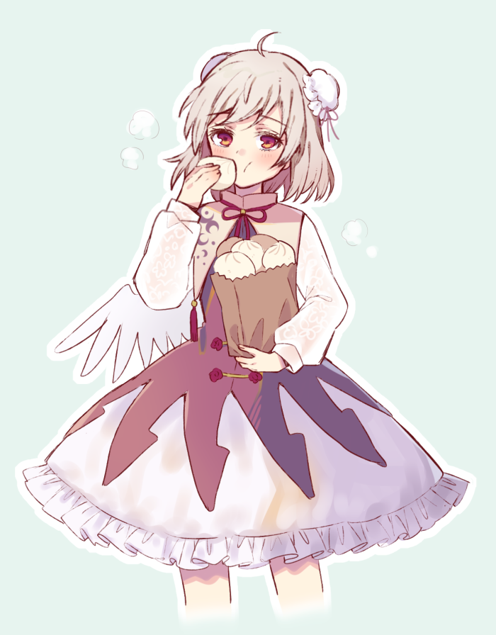 1girl ahoge alternate_costume angel_wings bag bangs blue_background blush commentary_request double_bun dress eating food_in_mouth frilled_dress frills grey_hair hair_bun holding holding_bag kishin_sagume long_sleeves paper_bag red_eyes short_hair simple_background single_wing solo touhou touya_(konpekitou) wings