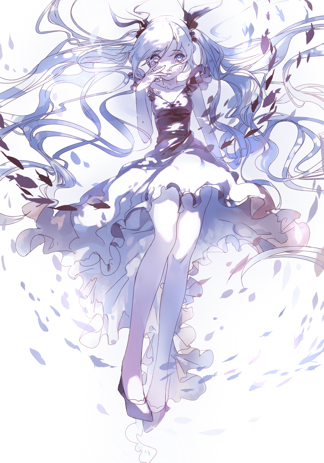 1girl animal black_dress black_footwear blue-eyes_white_dragon blue_hair blue_theme collarbone crying crying_with_eyes_open dress eyebrows_visible_through_hair eyes_visible_through_hair fish frilled_dress frills g.g.lemon hand_on_own_face hatsune_miku highres light_blue_hair long_hair looking_at_viewer parted_lips shinkai_shoujo_(vocaloid) swimming tears twintails very_long_hair vocaloid