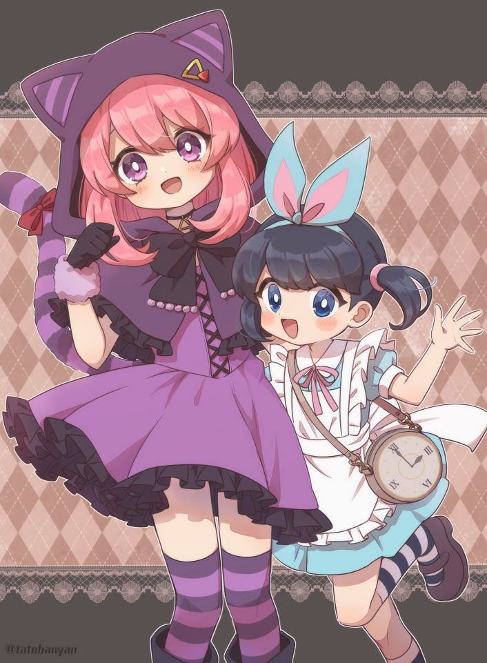 2girls :d animal_ears animal_hood argyle argyle_background back_bow bag bangs black_hair blue_eyes blush_stickers boots bow capelet cat_hood cat_tail character_request cheshire_cat_(alice_in_wonderland) cheshire_cat_(alice_in_wonderland)_(cosplay) choker cosplay dress fake_animal_ears frills fur_trim gloves hair_ribbon hair_tie head_tilt hood hooded_capelet long_hair looking_at_viewer mary_janes miharu_(youkai_watch) multiple_girls neck_ribbon paw_pose pinafore_dress pink_hair pocket_watch ribbon shoes short_sleeves shoulder_bag smile standing standing_on_one_leg striped striped_legwear striped_tail tabana tail tail_bow tail_ornament twintails twitter_username violet_eyes watch waving white_rabbit_(alice_in_wonderland) white_rabbit_(alice_in_wonderland)_(cosplay) youkai_watch youkai_watch_jam:_youkai_gakuen_y