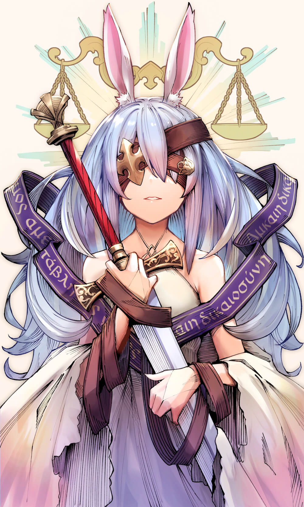 1girl alternate_costume animal_ears blue_hair bob-the-bison braid highres holding holding_sword holding_weapon hololive long_hair multicolored_hair rabbit_ears solo sword twin_braids twintails two-tone_hair usada_pekora virtual_youtuber weapon white_hair