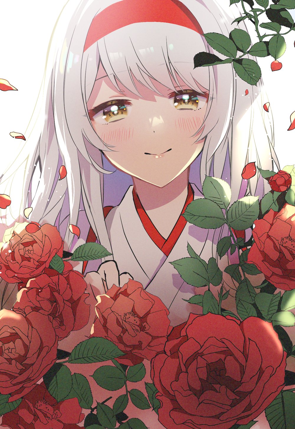 1girl anbutter_siruko blush closed_mouth eyebrows_visible_through_hair flower hair_between_eyes hairband hakama headband highres japanese_clothes kantai_collection lips long_hair red_flower red_headband red_rose rose shoukaku_(kancolle) smile solo upper_body white_background white_hair yellow_eyes