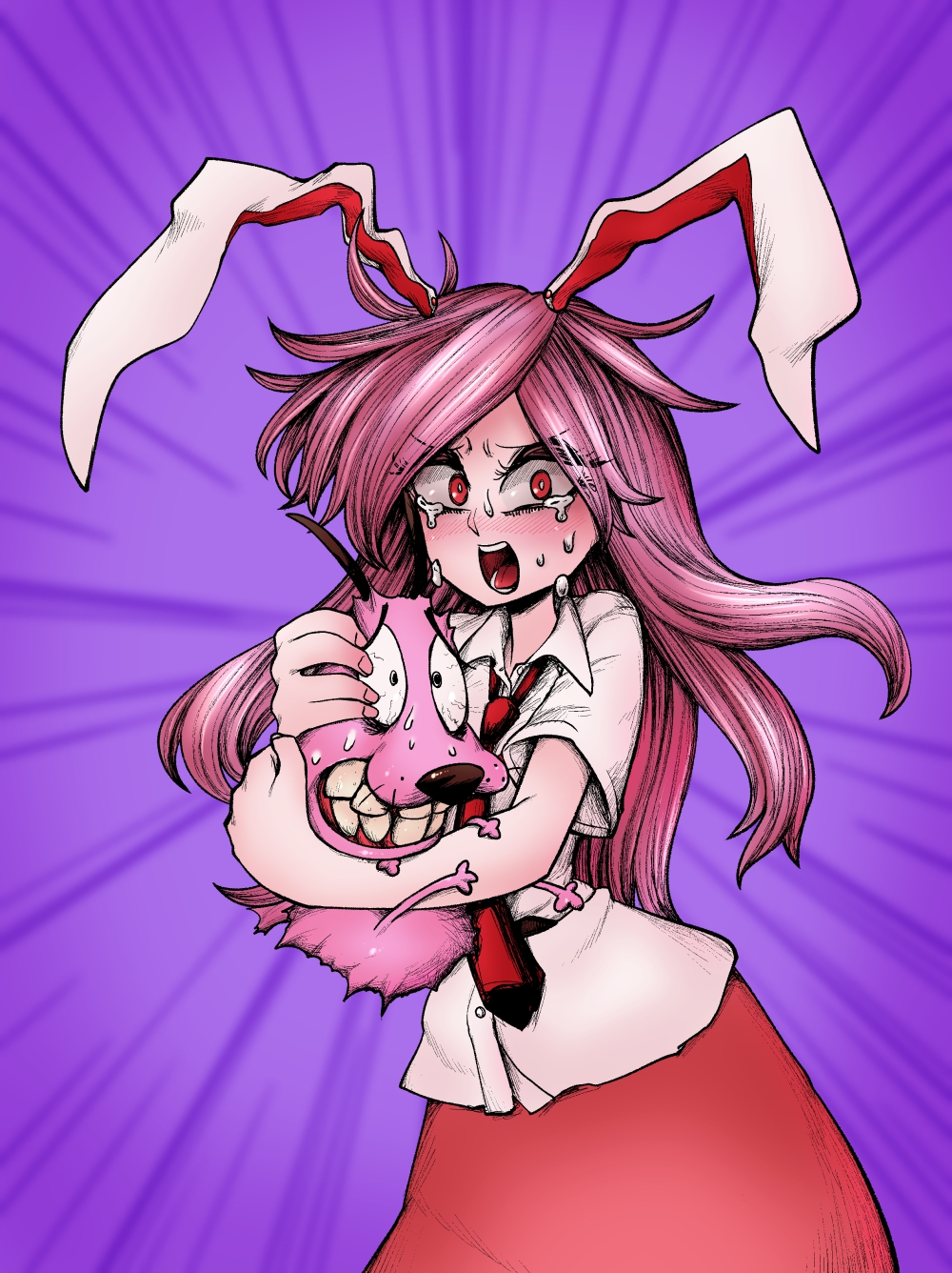 1girl animal_ears bangs clenched_teeth collared_shirt commentary_request courage_(character) courage_the_cowardly_dog cowboy_shot crossover crying crying_with_eyes_open dog eyes_visible_through_hair highres long_hair looking_at_viewer morph426 necktie open_mouth pink_hair purple_background rabbit_ears rabbit_girl red_eyes red_necktie red_skirt reisen_udongein_inaba shirt short_sleeves skirt tears teeth touhou very_long_hair white_shirt